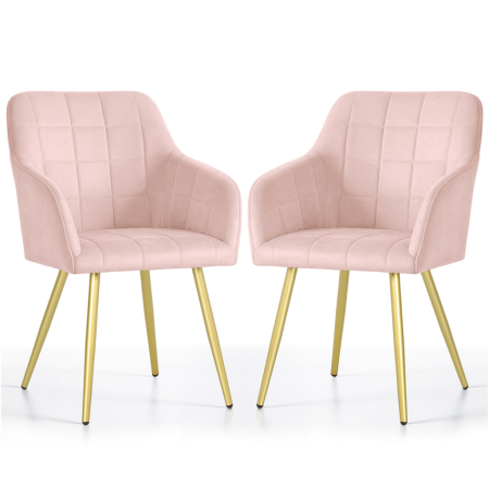 Bucatarie - Set 2 scaune dining tapitate cu velur Luxano, cusaturi patrate, picioare aurii, 54x58x82 cm, roz