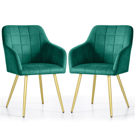 Bucatarie - Set 2 scaune dining tapitate cu velur Luxano, cusaturi patrate, picioare aurii, 54x58x82 cm, verde