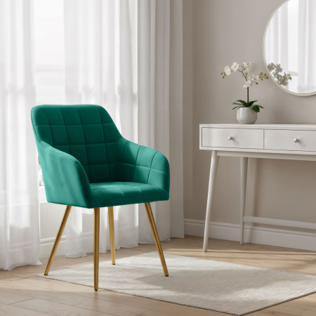 Set 2 scaune dining tapitate cu velur Luxano, cusaturi patrate, picioare aurii, 54x58x82 cm, verde [11]