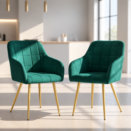 Set 2 scaune dining tapitate cu velur Luxano, cusaturi patrate, picioare aurii, 54x58x82 cm, verde [6]