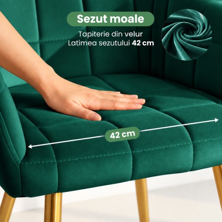 Set 2 scaune dining tapitate cu velur Luxano, cusaturi patrate, picioare aurii, 54x58x82 cm, verde [10]