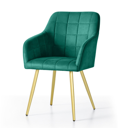 Set 2 scaune dining tapitate cu velur Luxano, cusaturi patrate, picioare aurii, 54x58x82 cm, verde [1]