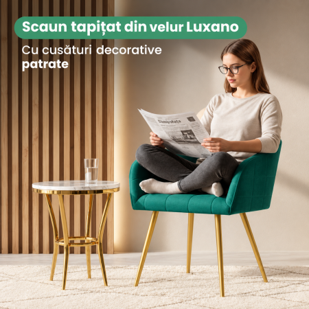 Set 2 scaune dining tapitate cu velur Luxano, cusaturi patrate, picioare aurii, 54x58x82 cm, verde [4]