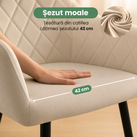 Set 2 scaune dining tapitate Velto, catifea, matlasate cu romburi, 52x58x82 cm, maxim 120 kg, bej [2]