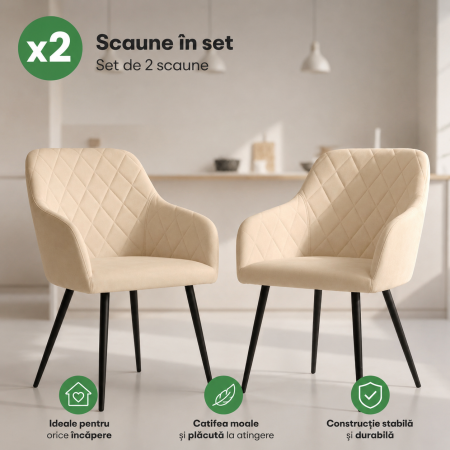 Set 2 scaune dining tapitate Velto, catifea, matlasate cu romburi, 52x58x82 cm, maxim 120 kg, bej [6]