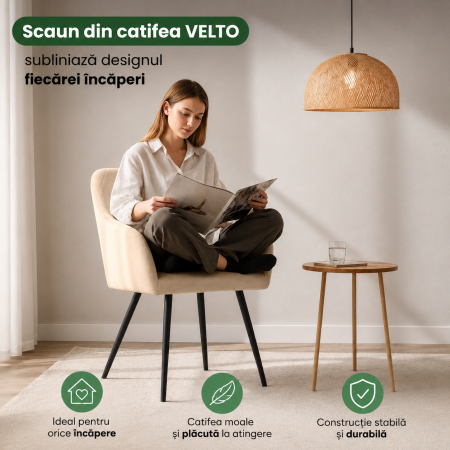 Set 2 scaune dining tapitate Velto, catifea, matlasate cu romburi, 52x58x82 cm, maxim 120 kg, bej [4]