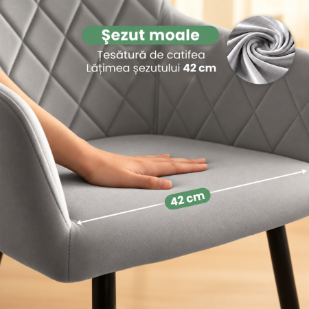 Set 2 scaune dining tapitate Velto, catifea, matlasate cu romburi, 52x58x82 cm, maxim 120 kg, gri [4]