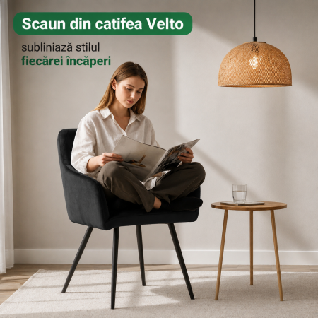 Set 2 scaune dining tapitate Velto, catifea, matlasate cu romburi, 52x58x82 cm, maxim 120 kg, negru [8]