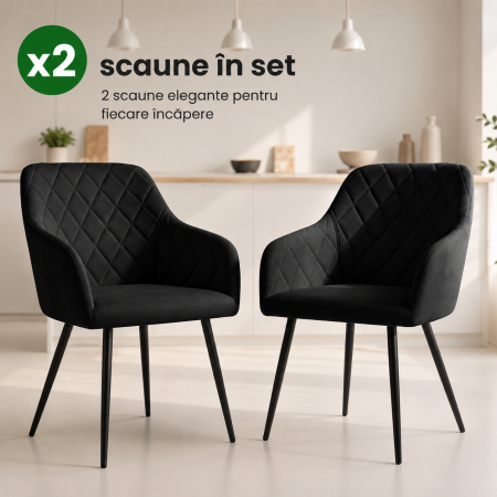 Set 2 scaune dining tapitate Velto, catifea, matlasate cu romburi, 52x58x82 cm, maxim 120 kg, negru [6]