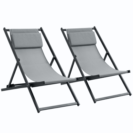 Mobilier gradina si terasa -  Set 2 Scaune Fotoliu Sezlong pentru Exterior, Pliabile si Rabatabile, din Aluminiu, Gri, 96.5 x 58 x 91.5cm