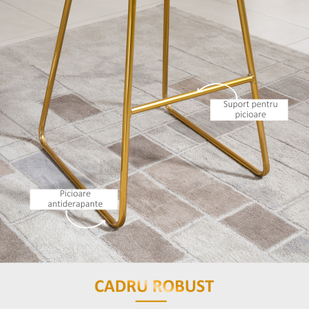  Set 2 Scaune Inalte, Suport pentru picioare, Perna de catifea, Poliester/Metal, 52.5x47x97cm, Negru/Auriu [4]