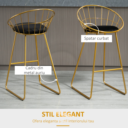  Set 2 Scaune Inalte, Suport pentru picioare, Perna de catifea, Poliester/Metal, 52.5x47x97cm, Negru/Auriu [3]