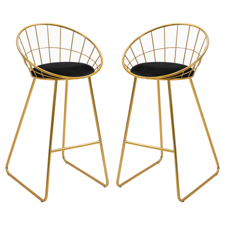 Mobila bucatarie -  Set 2 Scaune Inalte, Suport pentru picioare, Perna de catifea, Poliester/Metal, 52.5x47x97cm, Negru/Auriu