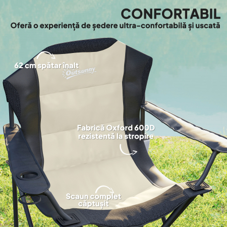  Set 2 Scaune Pliabile de Camping cu Suport Pahar si Genti Crem [3]