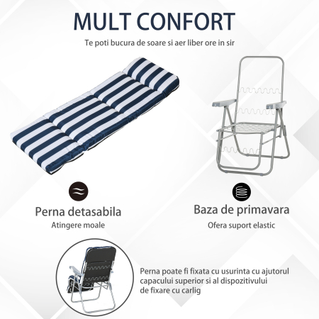  Set 2 Scaune sezlong de Gradina, cu Captuseala cu Brate Reclinabile, alb si albastru [4]