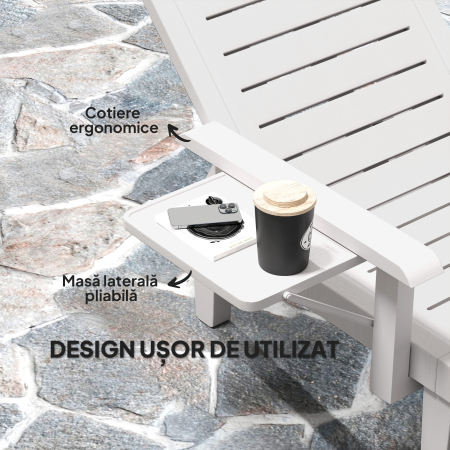  Set 2 sezlonguri cu Spatar Reglabil in 5 Pozitii, Masuta si Brate Ergonomice, 79x158x88 cm, Alb [4]