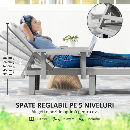  Set 2 sezlonguri cu Spatar Reglabil in 5 Pozitii, Masuta si Brate Ergonomice, 79x158x88 cm, Gri [3]