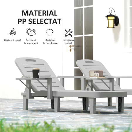  Set 2 sezlonguri cu Spatar Reglabil in 5 Pozitii, Masuta si Brate Ergonomice, 79x158x88 cm, Gri [5]