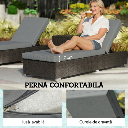  Set 2 sezlonguri de Gradina din Ratan cu Masuta Laterala si Spatar Reglabil, 184x60x22 cm, Gri inchis [4]