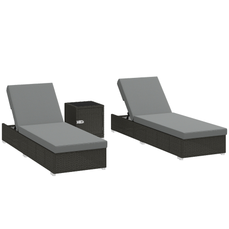 Gradina & balcon -  Set 2 sezlonguri de Gradina din Ratan cu Masuta Laterala si Spatar Reglabil, 184x60x22 cm, Gri inchis