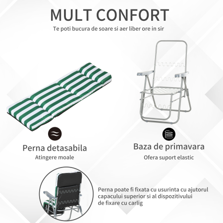  Set 2 sezlonguri de Gradina pentru Plaja cu Brate Reclinabile, Alb si Verde [4]