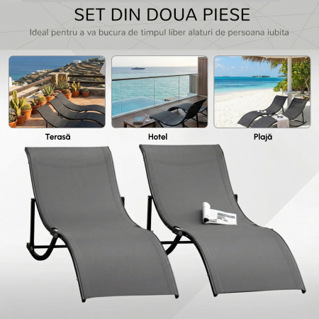  Set 2 sezlonguri de Gradina Pliabile, sezlong pentru Plaja din Aluminiu si Textilen, 61x165x63 cm [6]
