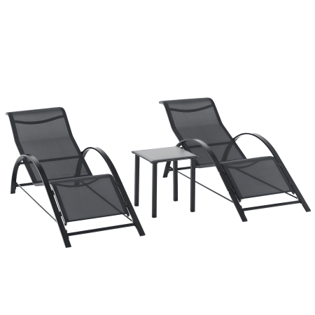 Gradina & balcon -  Set 2 sezlonguri de Gradina si Masuta cu Raft, Material Respirabil si Cadru Metalic, 59x169x66 cm, Negru