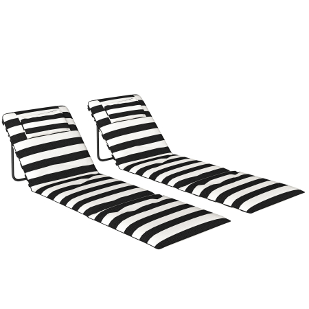 Mobilier gradina si terasa -  Set 2 sezlonguri de Plaja cu Tetiera Captusita, din Metal si tesatura Oxford, 150x50x2 cm, Gri si Alb