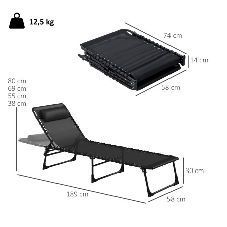 Set 2 sezlonguri din Otel cu Spatar Reglabil, 189x58x30 cm, Negru [2]