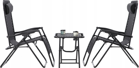 Set 2 sezlonguri pliabile 90x65x110 cm cu masuta 50x50x50 cm, textilene si cadru metalic, negru [8]