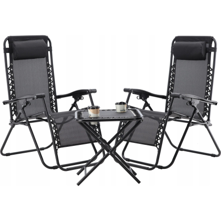 Gradina - Set 2 sezlonguri pliabile 90x65x110 cm cu masuta 50x50x50 cm, textilene si cadru metalic, negru