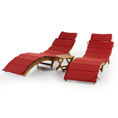 Set 2 sezlonguri pliabile cu masa, perne reversibile de culoare rosu sau gri, lemn de salcam, 180x54x63 cm, maro [1]
