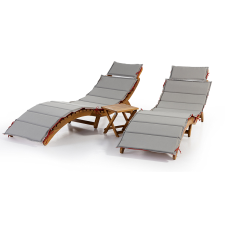 Set 2 sezlonguri pliabile cu masa, perne reversibile de culoare rosu sau gri, lemn de salcam, 180x54x63 cm, maro [3]