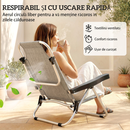 Set  2 sezlonguri Pliabile si Reclinabile pe 4 Pozitii cu Suport pentru Cap, din Aluminiu, 62x61x80 cm, Gri [7]