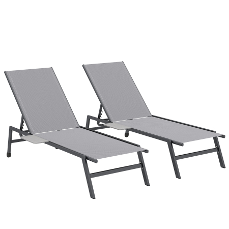 Gradina & balcon -  Set 2 sezlonguri Reglabile in 5 Pozitii cu Masuta Laterala si 2 Roti, din Metal si Poliester, Gri