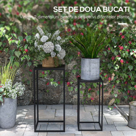  Set 2 suporturi pentru plante din otel pentru interior si exterior, 25x25x58,5 cm si 31x31x65 cm, negru [3]