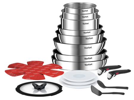 Vase & ustensile pentru gatit - Set 20 piese Tefal Ingenio Emotion L897SJ04, oala 16 / 18 / 20 cm, cratita 24 cm, tigaie 22 / 26 / 28 cm, wok 26 cm, 2 manere detasabile, 2 spatule, 
