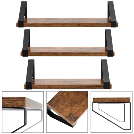 Set 3 rafturi de perete din metal si MDF, 30-35-40x12 cm, negru si maro [6]