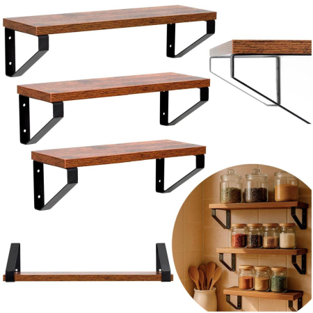 Set 3 rafturi de perete din metal si MDF, 30-35-40x12 cm, negru si maro [1]