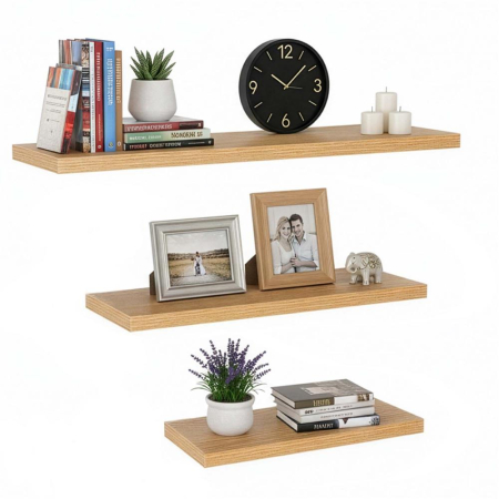 Set 3 rafturi plutitoare perete mdf suport metalic 30 45 60 cm, 15 cm adancime, design modern, maro [4]