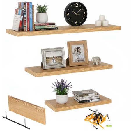 Set 3 rafturi plutitoare perete mdf suport metalic 30 45 60 cm, 15 cm adancime, design modern, maro [6]