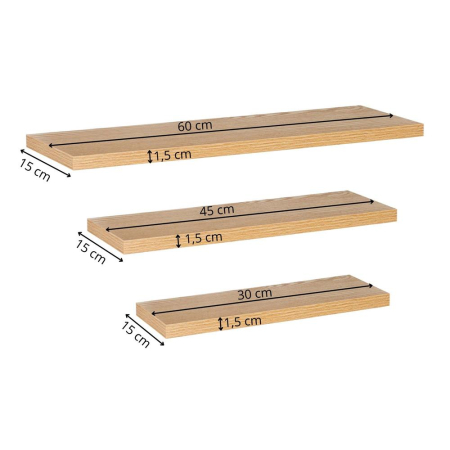 Set 3 rafturi plutitoare perete mdf suport metalic 30 45 60 cm, 15 cm adancime, design modern, maro [14]