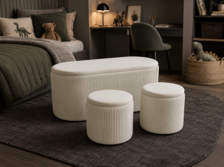 Set 3 tabureti cu spatiu de depozitare, design modern striat, 80x40x40 cm si 30x31 cm, alb [5]
