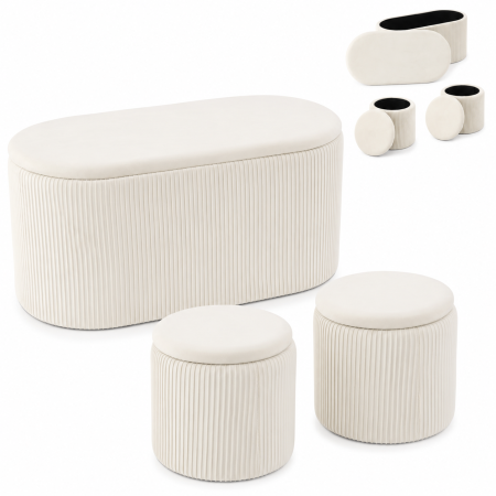 Set 3 tabureti cu spatiu de depozitare, design modern striat, 80x40x40 cm si 30x31 cm, alb [3]