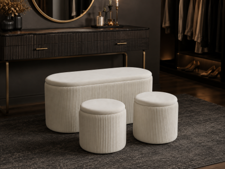 Set 3 tabureti cu spatiu de depozitare, design modern striat, 80x40x40 cm si 30x31 cm, alb [6]