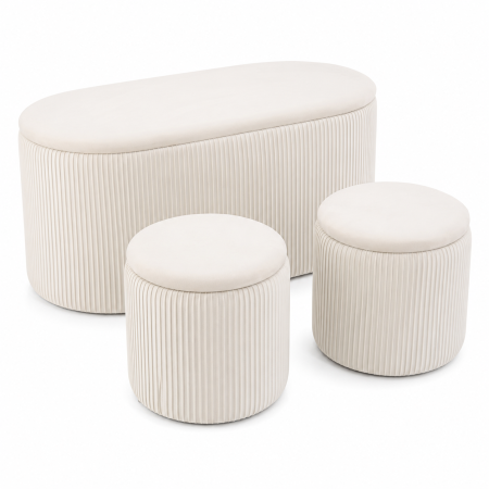 Living & hol - Set 3 tabureti cu spatiu de depozitare, design modern striat, 80x40x40 cm si 30x31 cm, alb