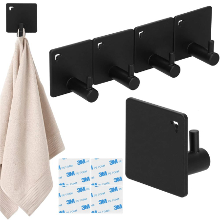 Set 4 agatatori tip cuier pentru baie, sistem fixare inclus, aluminiu, negru [7]