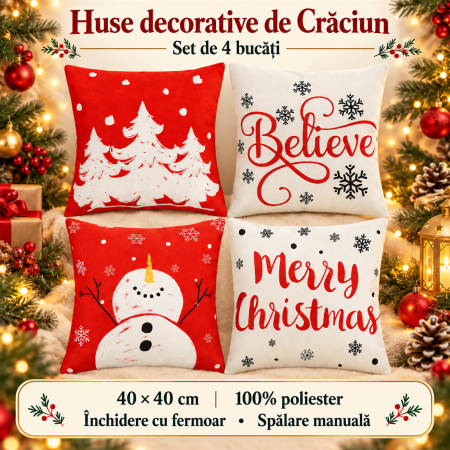 Set 4 fete de perna decorative, 40x40 cm, motive de Craciun, rosu alb [18]