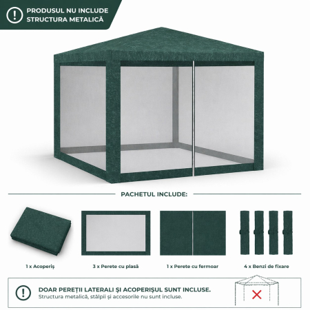Gradina & balcon - Set 4 pereti pentru pavilion gradina cu plasa tantari si acoperis, material PE 100 g/m2, 300x200 cm, verde