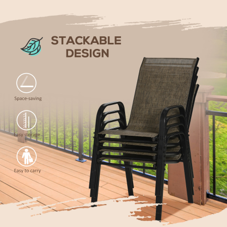  Set 4 Piese Scaune de Gradina cu Cotiere, Scaune de Exterior Stivuibile din Metal si Tesatura Respirabila, Maro [5]